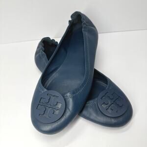 TORY BURCH MINNIE TRAVEL BALLET FLATS SLIP BLUE LEATHER LOGO Sz 9